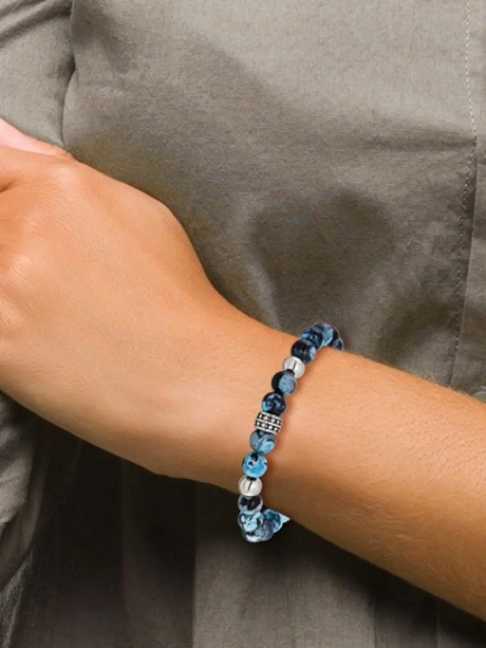 Chisel 8mm Black & Blue Apatite Stainless Steel Beaded Stretch Bracelet**